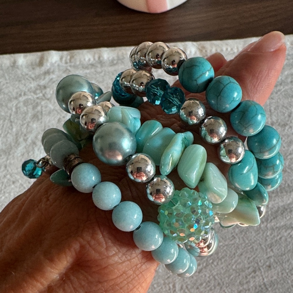 Aqua and Silver Beaded Bracelet Collection